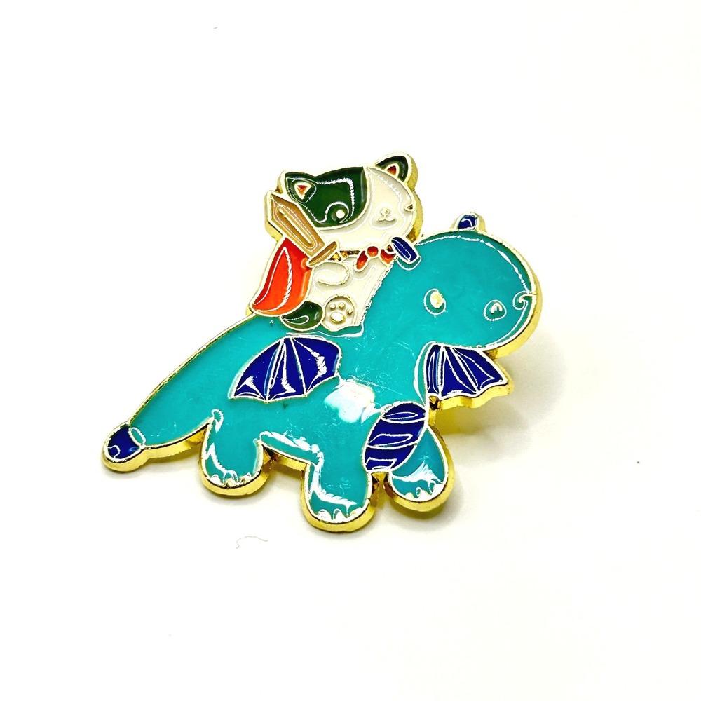 Cat Riding Dragon Enamel Pin Unisex OS Teal Gold Knight Fantasy Kawaii Accessory